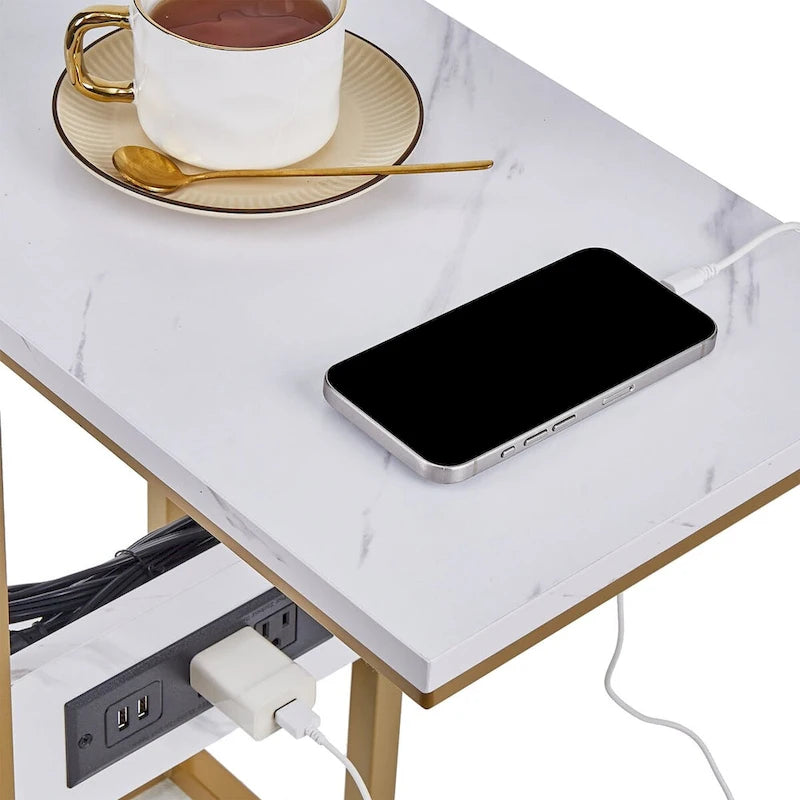 Table d'appoint en forme de C Javlergo, petite table de chevet avec ports USB et prises électriques pour les petits espaces