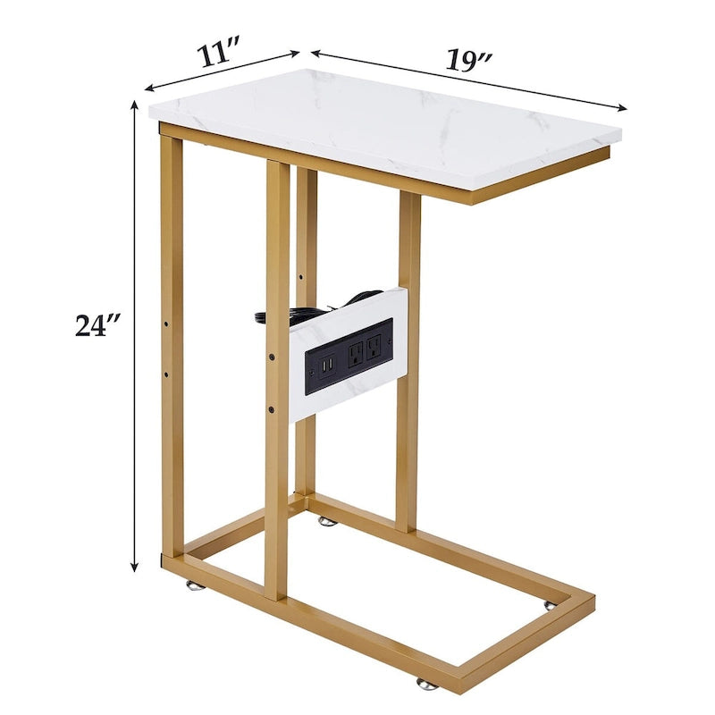 Table d'appoint en forme de C Javlergo, petite table de chevet avec ports USB et prises électriques pour les petits espaces