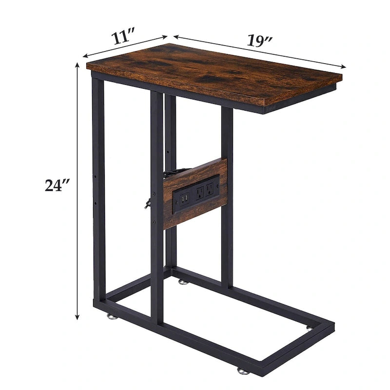 Table d'appoint en forme de C Javlergo, petite table de chevet avec ports USB et prises électriques pour les petits espaces