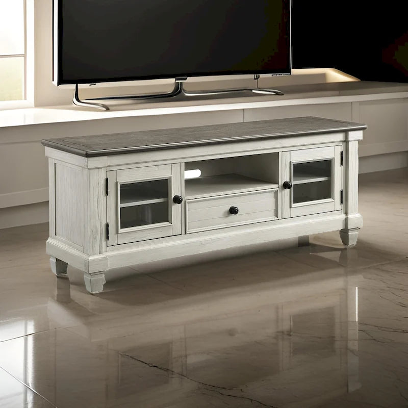 Rome 64 Inch TV Media Entertainment Console, White, Brown, Solid Wood