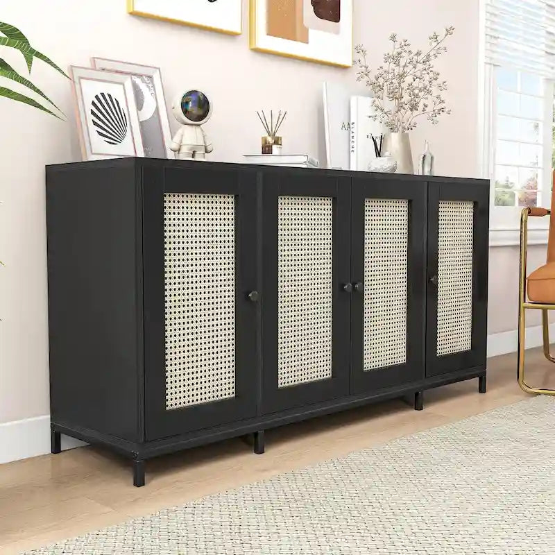 Buffet de rangement en bois à 4 portes et étagères, 150 cm de large (59 po)