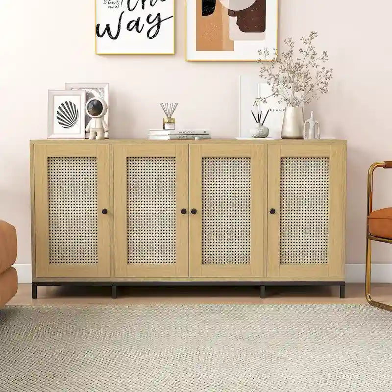 Buffet de rangement en bois à 4 portes et étagères, 150 cm de large (59 po)