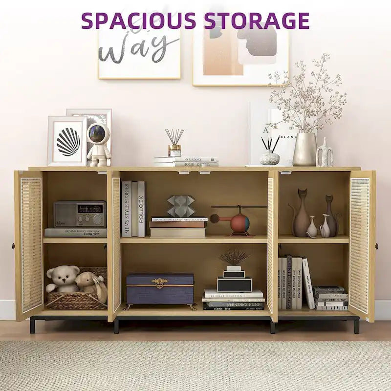 Buffet de rangement en bois à 4 portes et étagères, 150 cm de large (59 po)