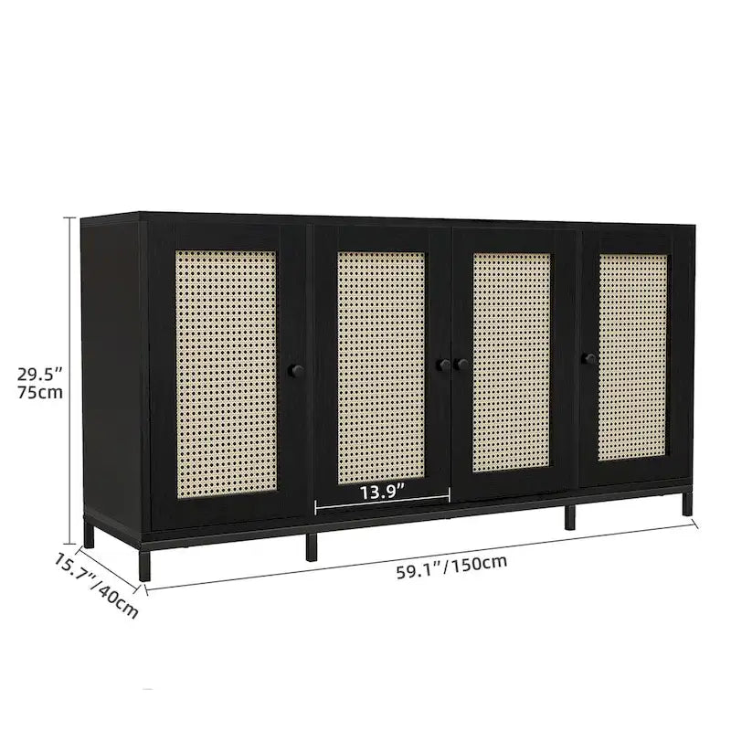 Buffet de rangement en bois à 4 portes et étagères, 150 cm de large (59 po)