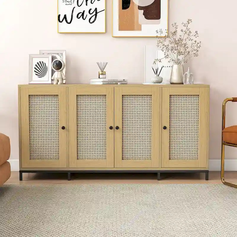 Buffet de rangement en bois à 4 portes et étagères, 150 cm de large (59 po)