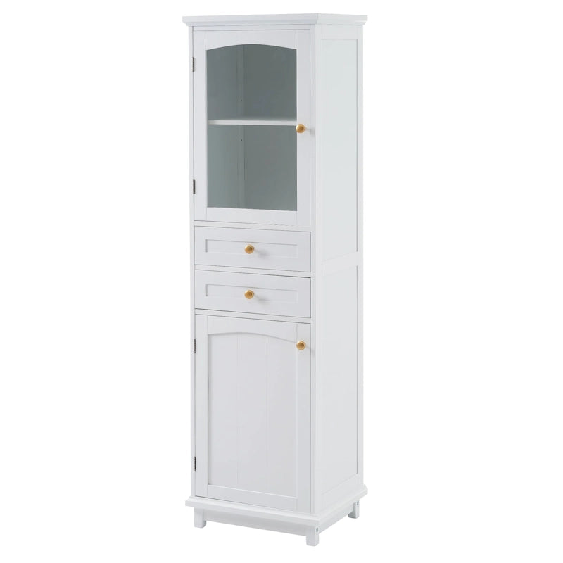 Armoire de rangement haute pour salle de bain avec portes vitrées, meuble autoportant à deux tiroirs