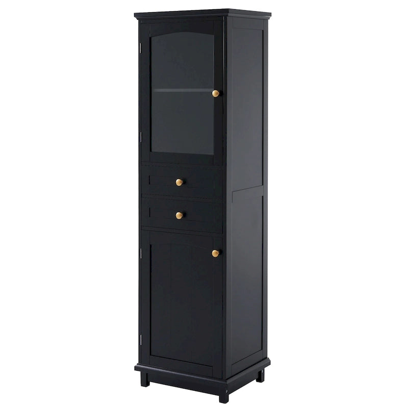 Armoire de rangement haute pour salle de bain avec portes vitrées, meuble autoportant à deux tiroirs