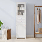 Armoire de rangement haute pour salle de bain avec portes vitrées, meuble autoportant à deux tiroirs