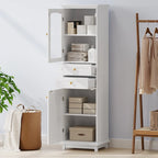 Armoire de rangement haute pour salle de bain avec portes vitrées, meuble autoportant à deux tiroirs