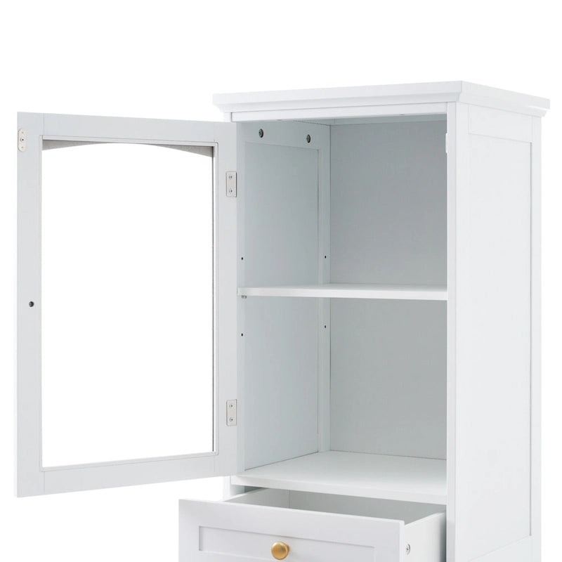 Armoire de rangement haute pour salle de bain avec portes vitrées, meuble autoportant à deux tiroirs