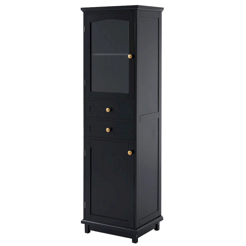 Armoire de rangement haute pour salle de bain avec portes vitrées, meuble autoportant à deux tiroirs