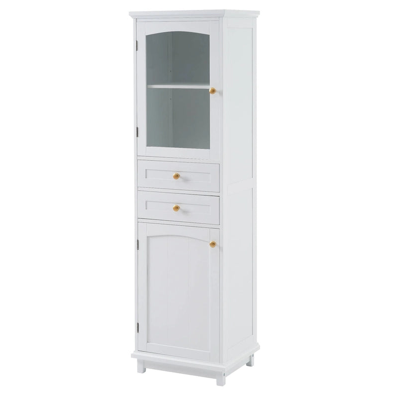 Armoire de rangement haute pour salle de bain avec portes vitrées, meuble autoportant à deux tiroirs