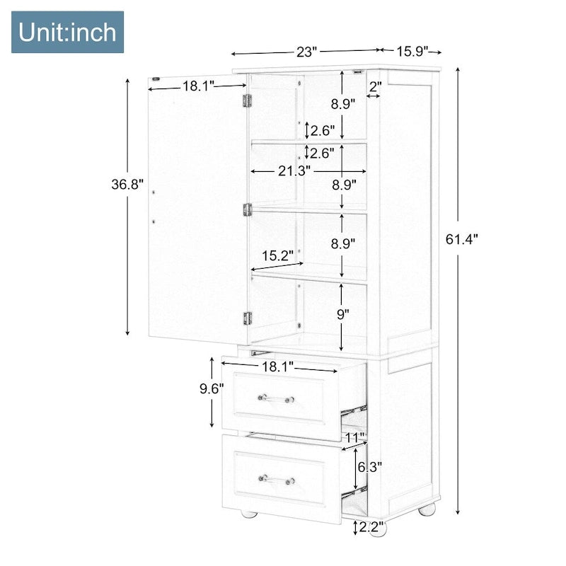 Meuble de rangement de salle de bain de 61,4 cm de haut, avec deux tiroirs et une étagère réglable