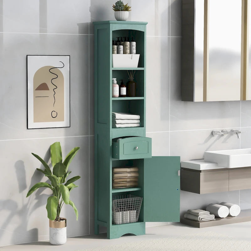 Armoire de salle de bain haute, meuble de rangement autoportant avec tiroir et étagère réglable