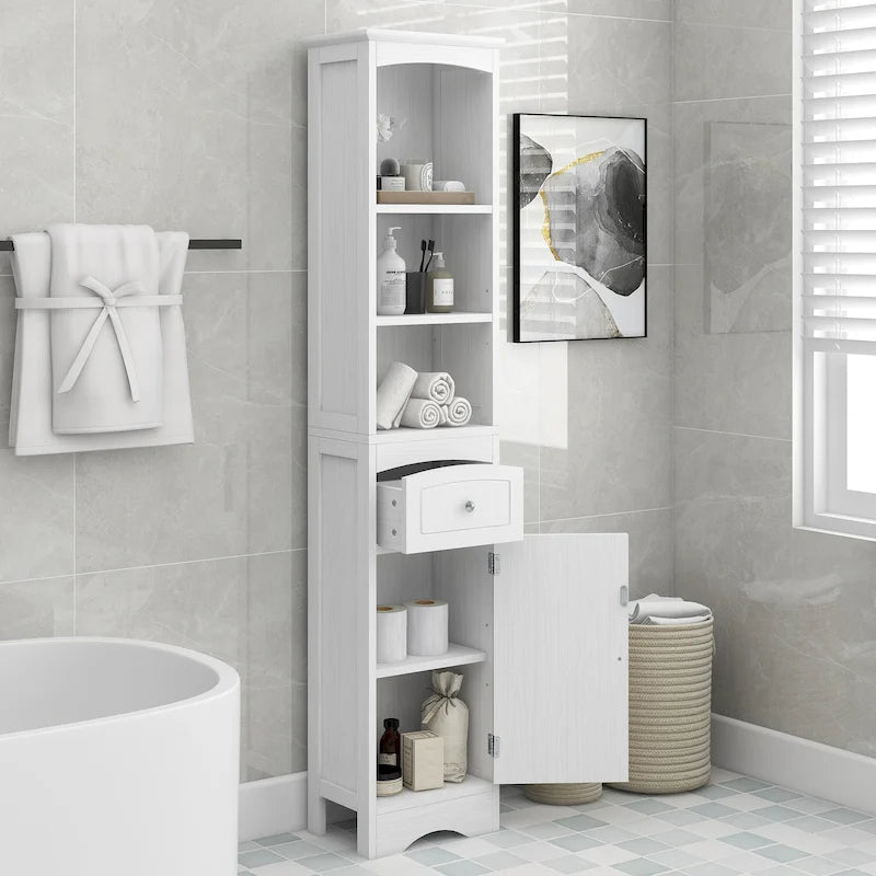 Armoire de salle de bain haute, meuble de rangement autoportant avec tiroir et étagère réglable