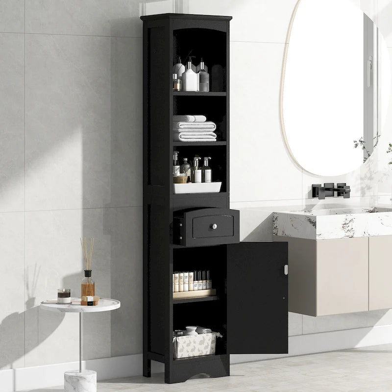 Armoire de salle de bain haute, meuble de rangement autoportant avec tiroir et étagère réglable