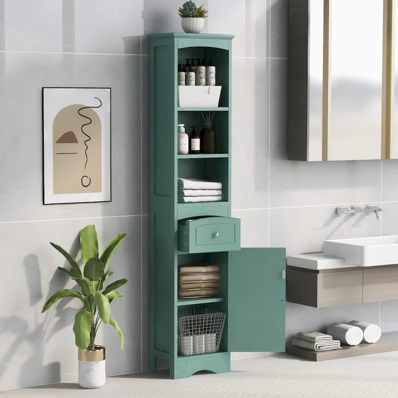 Armoire de salle de bain haute, meuble de rangement autoportant avec tiroir et étagère réglable