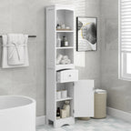 Armoire de salle de bain haute, meuble de rangement autoportant avec tiroir et étagère réglable