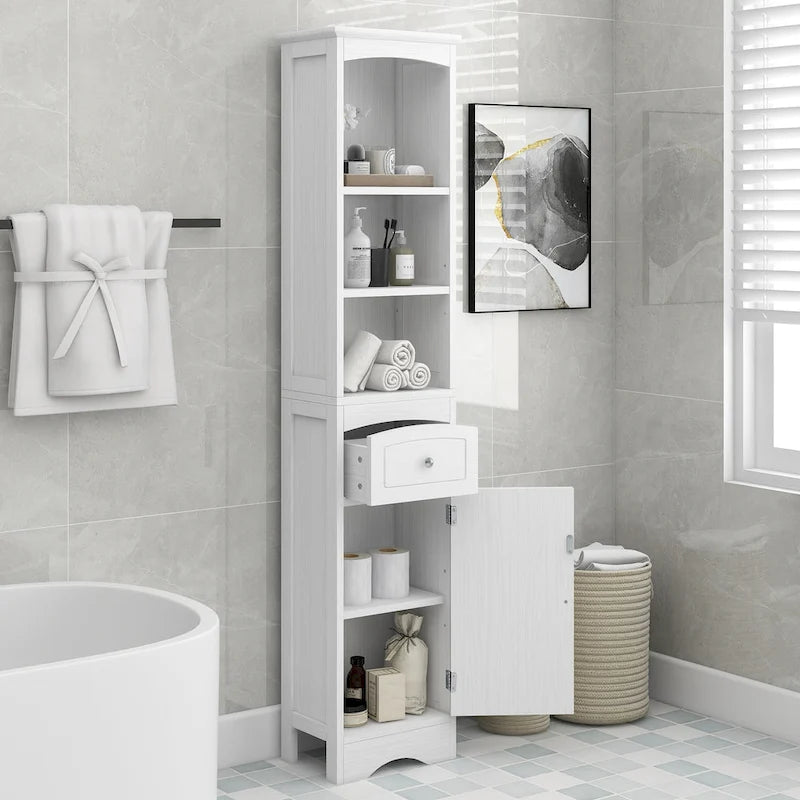 Armoire de salle de bain haute, meuble de rangement autoportant avec tiroir et étagère réglable