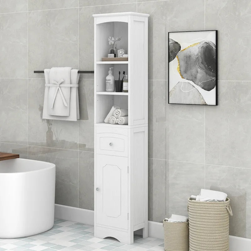 Armoire de salle de bain haute, meuble de rangement autoportant avec tiroir et étagère réglable