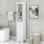 Armoire de salle de bain haute, meuble de rangement autoportant avec tiroir et étagère réglable