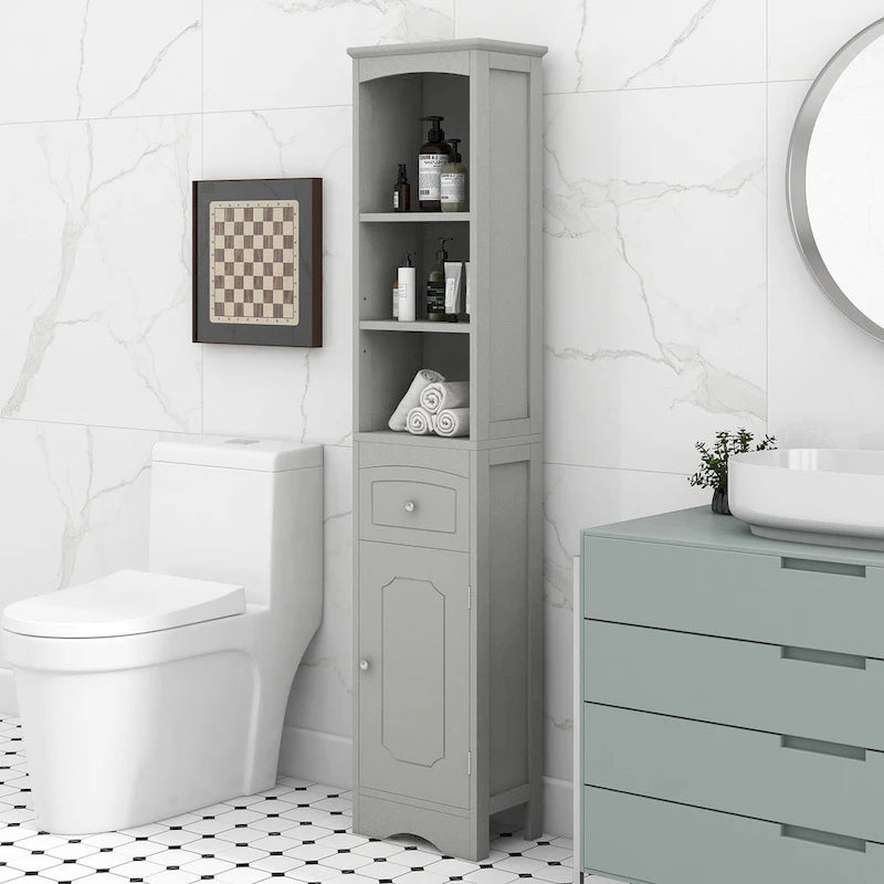 Armoire de salle de bain haute, meuble de rangement autoportant avec tiroir et étagère réglable