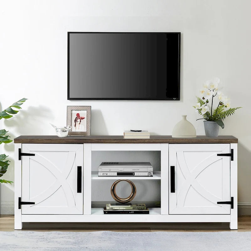58-inch Farmhouse White Barn Door Media Console TV Stand for TVs up to 65  