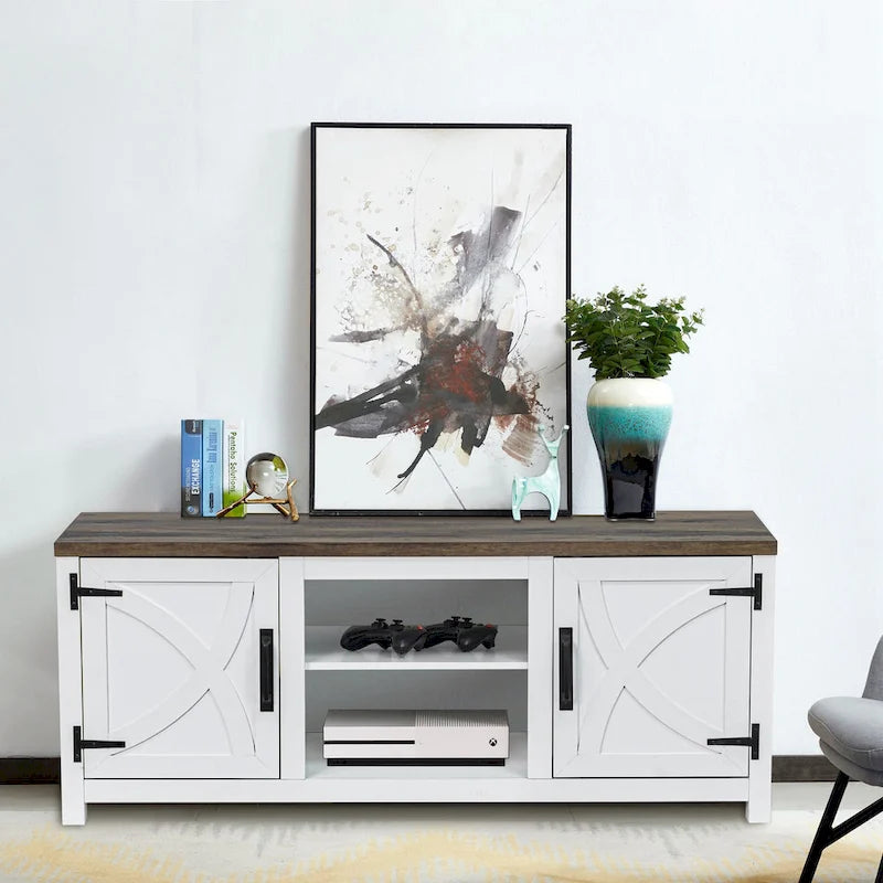 Meuble TV console style ferme, blanc, avec portes de grange, 58 pouces, pour téléviseurs jusqu'à 65 pouces.