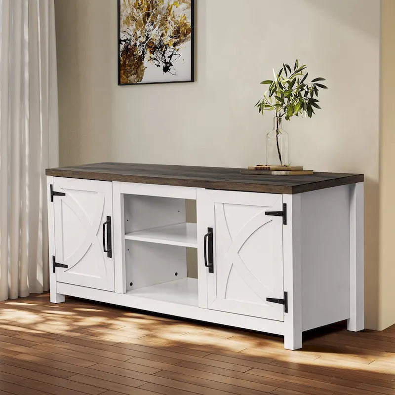 Meuble TV console style ferme, blanc, avec portes de grange, 58 pouces, pour téléviseurs jusqu'à 65 pouces.