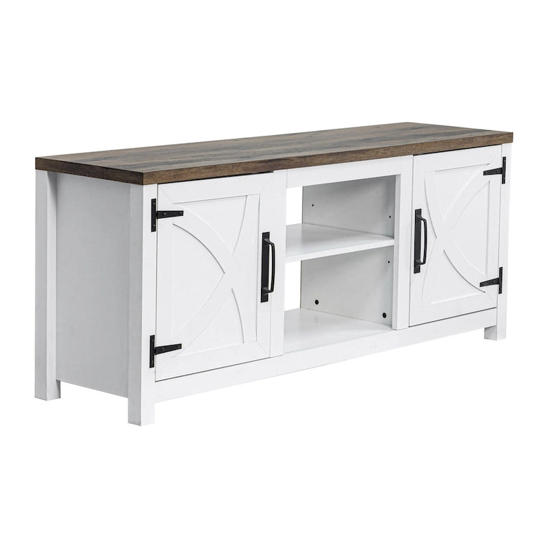 Meuble TV console style ferme, blanc, avec portes de grange, 58 pouces, pour téléviseurs jusqu'à 65 pouces.