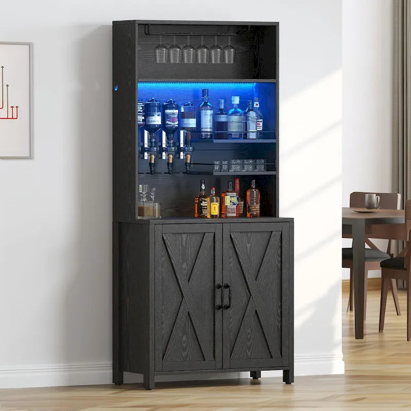 Meuble bar à vin Moasis haut pour bouteilles et verres, avec distributeur de boissons et casier à vin.