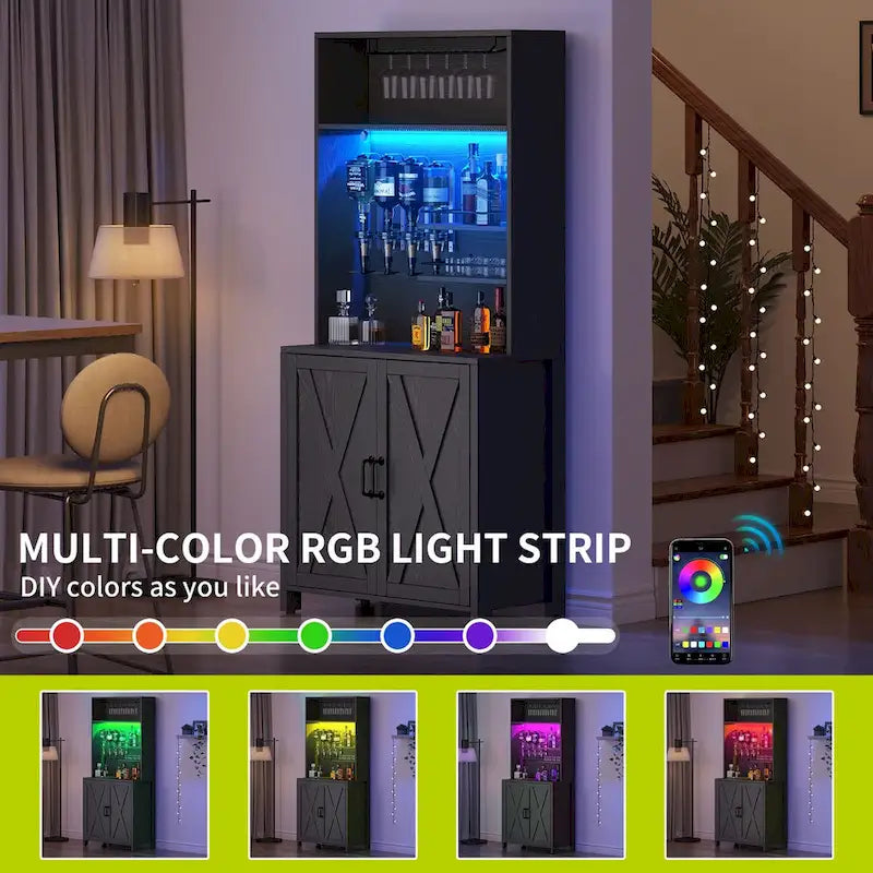 Meuble bar à vin Moasis haut pour bouteilles et verres, avec distributeur de boissons et casier à vin.