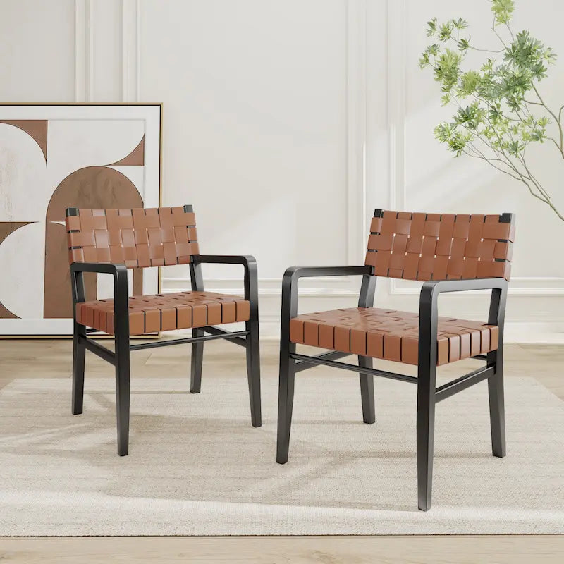 Chaises de salle à manger Prosen Morden en cuir tressé et bois d'hévéa avec accoudoirs (lot de 2) par Christopher Knight Home