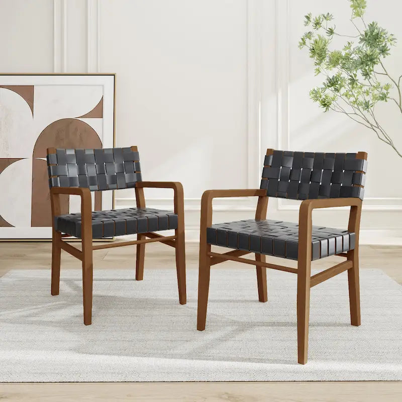Chaises de salle à manger Prosen Morden en cuir tressé et bois d'hévéa avec accoudoirs (lot de 2) par Christopher Knight Home
