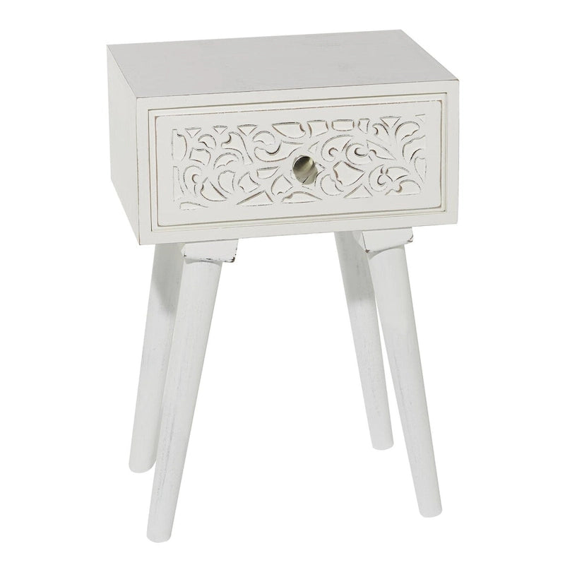 Mango Wood Scroll Intricately Carved Single Drawer Side End Accent Table - White - Roche River Decor