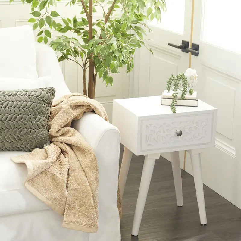 Table d'appoint à un tiroir en bois de manguier finement sculpté - Blanc - Roche River Decor