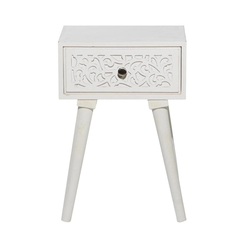 Table d'appoint à un tiroir en bois de manguier finement sculpté - Blanc - Roche River Decor
