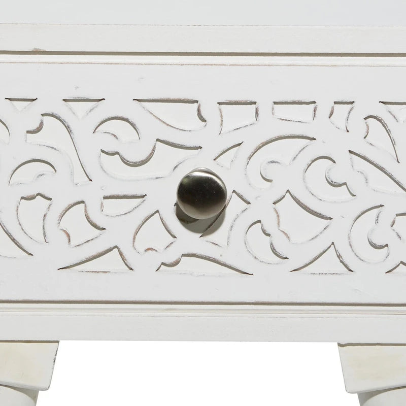 Table d'appoint à un tiroir en bois de manguier finement sculpté - Blanc - Roche River Decor